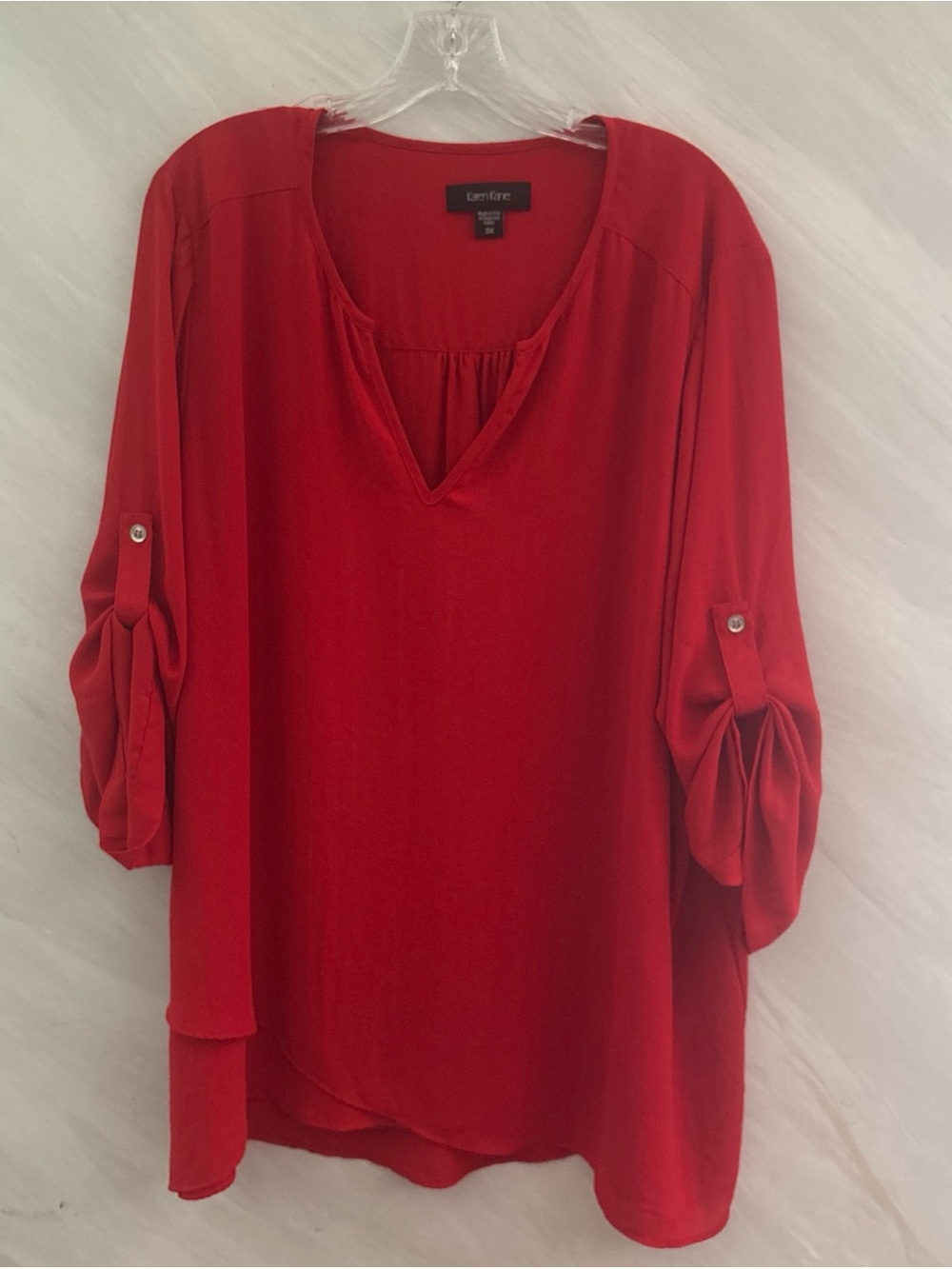 Karen Kane 3X Red Chiffon 3/4 Roll-Tab Sleeves Asymmetrical Hem Blouse Career